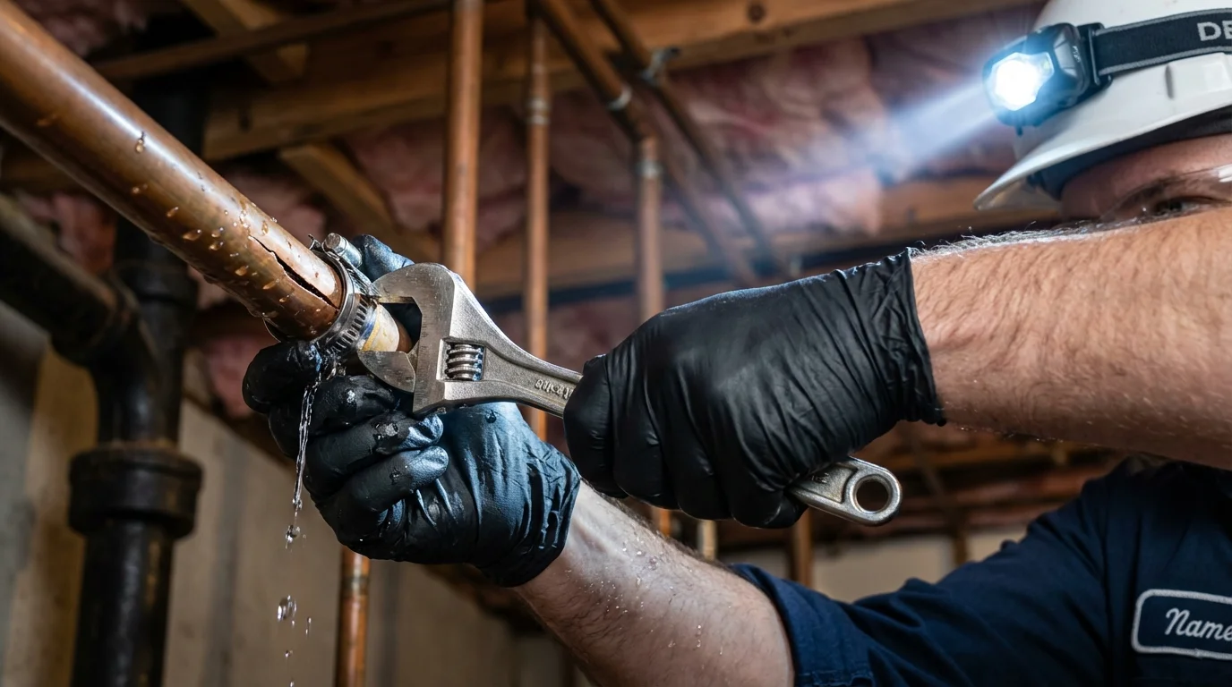 Emergency pipe clamp repair being performed by a Johns Plumbing LLC plumber in Thomasboro