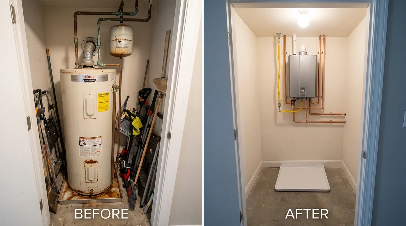 Tank water heater versus wall-mounted tankless unit comparison for Thomasboro, IL homeowners