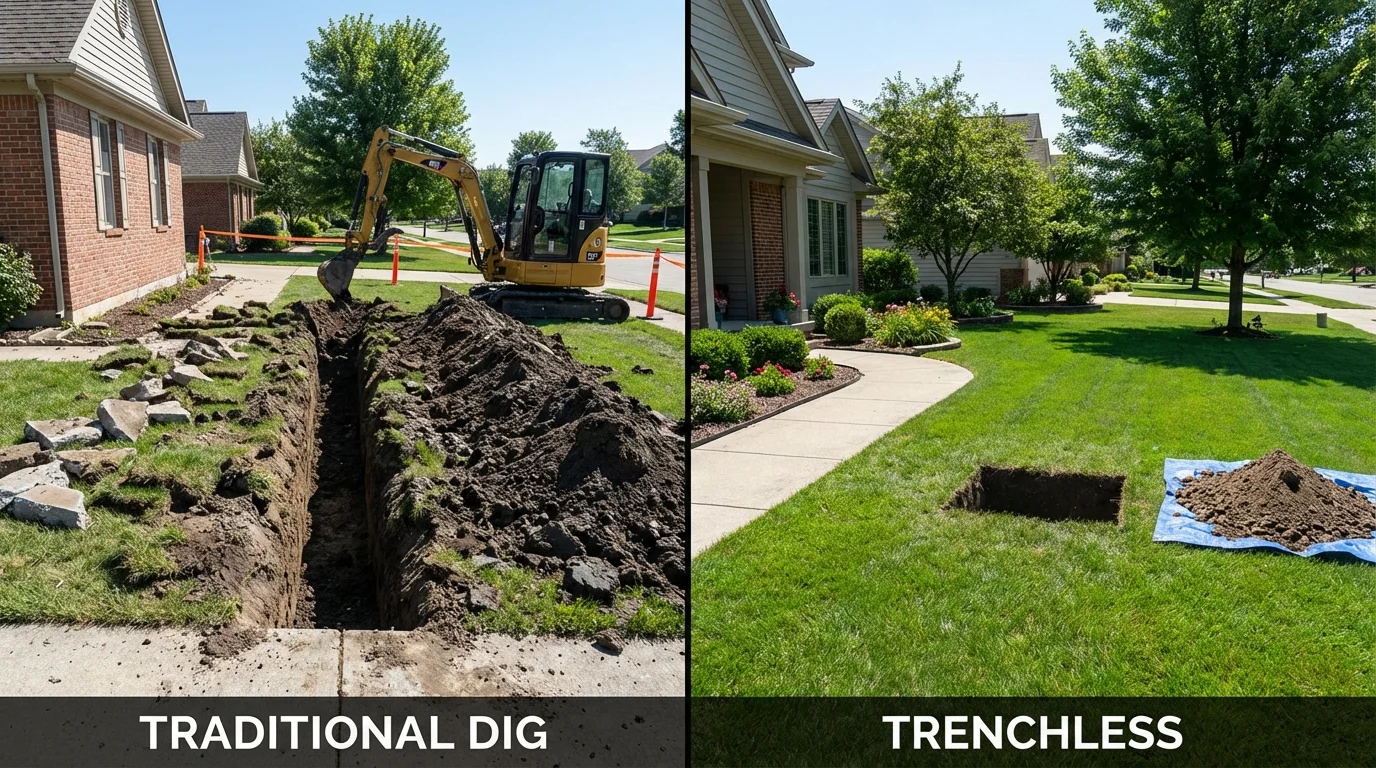 Trenchless sewer repair with minimal yard damage versus traditional excavation in Thomasboro, IL