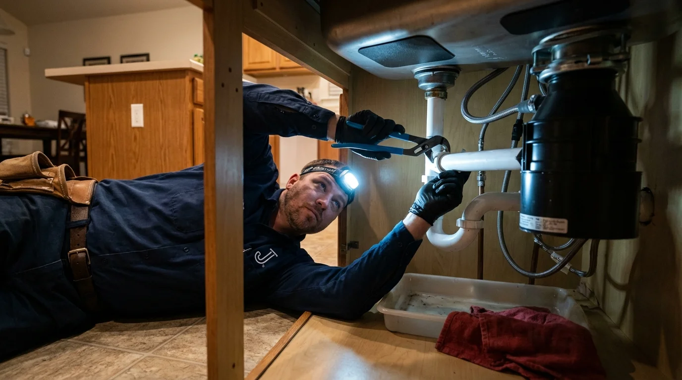 P-trap and supply line connections under a kitchen sink showing a common leak point in Thomasboro, IL